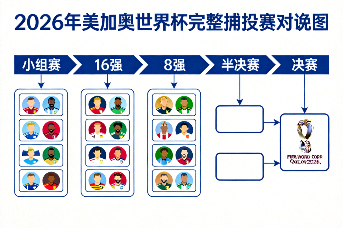 2026年美加墨世界杯完整淘汰赛对阵图，包含小组赛、16强、8强、半决赛及决赛所有赛程路径